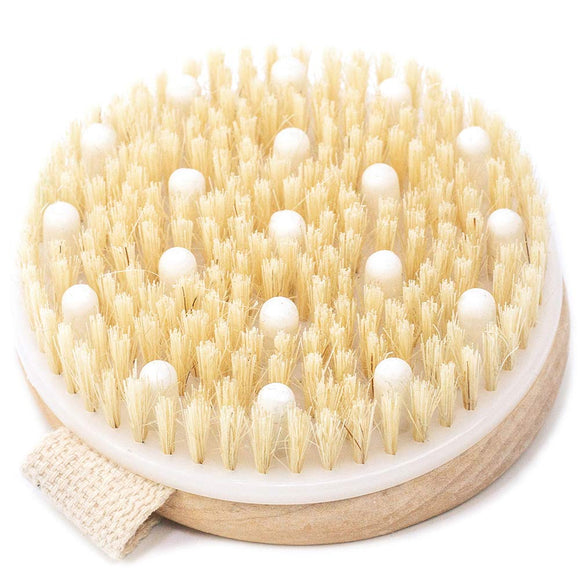 Natural Bristle Exfoliating Body Bath Brush for Wet or Dry Brushing with Massage Nodes